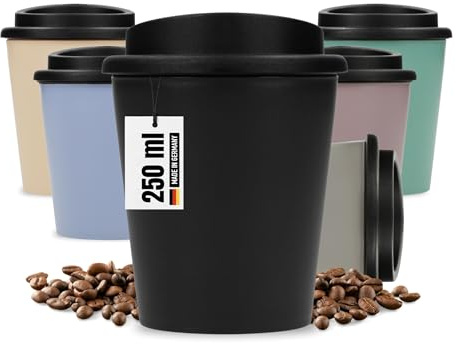 Uakeii Kaffeebecher 'Premium' 250 ml - doppelwandiger Kaffee to go Becher aus Bio-Kunststoff mit Schraubdeckel - BPA-freier Trinkbecher mit Deckel - Coffee to go Becher Made in Germany