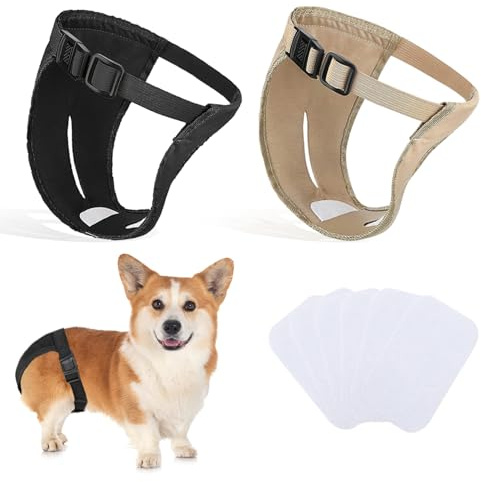 2er-Pack Hundehosen, Hundewindeln mit 6 Damenbinden, verstellbare Schutzhose für Hündinnen bei Hitze, monatliche Blutungen, wiederverwendbar, waschbar, Hygienehose für Hunde (M-schwarz und Kamel)