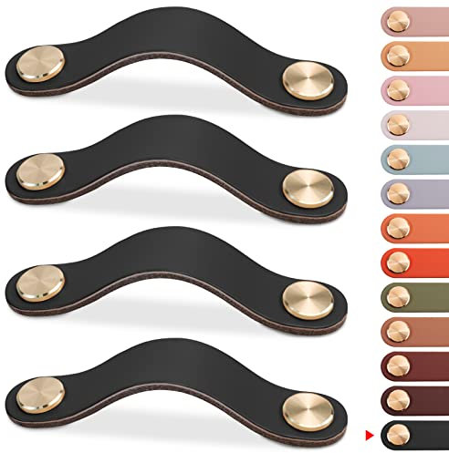 LEREATI 4pcs Poignée Meuble Cuir, Bouton Porte Placard Poignee Cuir Bouton de Tiroir, Poignee de Meuble Vintage pour Armoires, Commode, Cuisine, Salle de Bain (Noir, 96mm)