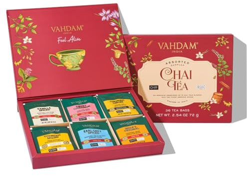 VAHDAM, Assorted Chai Tea Variety Pack (6 Delicious Flavors, 36 Eco Friendly Pyramid Tea Bags) Caffeinated, Gluten Free, Non GMO | Indian Masala Chai Tea Blends | Tea Gift Set for Men and Women