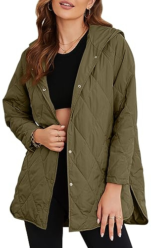 EVALESS Jackets for Women Fashion 2025 Winter Coat for Women Business Casual Diamond Quilted Hooded Shacket Jackets Lightweight Collar Long Sleeve Button Down Puffer Green Jacket with Pockets, Small