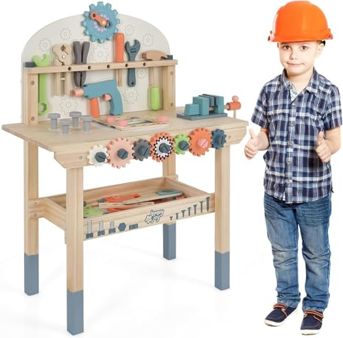 RELAX4LIFE Banco da Lavoro per Bambini, Banco degli Attrezzi in Legno con Lavagna, 8 Attrezzi e 53 Accessori Giocattoli, Mini-Lavoratori, Bambini 3+ Anni