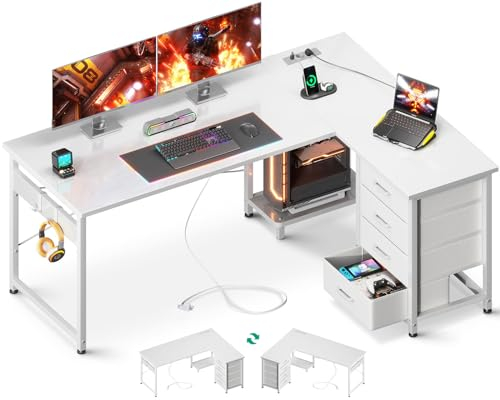 ODK Escritorio Esquinero con Cajones, Escritorio en L con Enchufes y Puerto de Carga USB, Escritorio Esquina Reversible con Almacenamiento para Oficina en Casa, Blanco, 135×100 cm