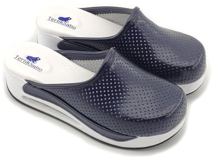 Terlik Sabo Air ST150 Leather Womens Clogs Mules Slippers Sabot Shoes, Navy Blue WH, EU 40, UK 6