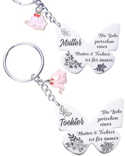 LParkin 2 Stück Mutter und Tochter Schlüsselanhänger, Rostfreie Stähle Schlüsselanhänger Geschenke für Mama und Tochter, Schmetterling Schlüsselanhänger Gravur Mutter Tochter, schlüsselanhänger mama