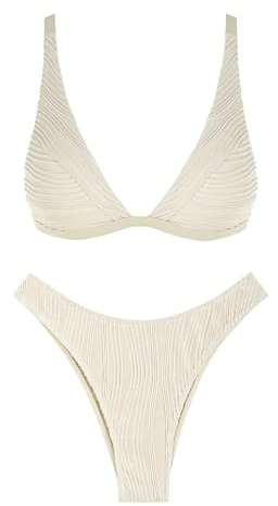 ZAFUL Women Swimsuit High Cut Plunging Neck Thong Bikini Sets Two Piece Textured Swimwear Beige Small