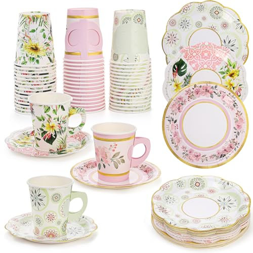 Yarlung 96 Pcs Floral Paper Tea Cups and Saucers Set, 9 Oz Disposable Tea Cup with Handle and 6 Inch Paper Plates for Tea Party Decorations, Birthday Favors, 3 Designs