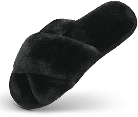 Comlax Women Cross Band Fluffy Slippers, Furry Memory Foam Open Toe Soft Cozy Plush Fluffy Slipper for Lady's Home Indoor Outdoor Slip On