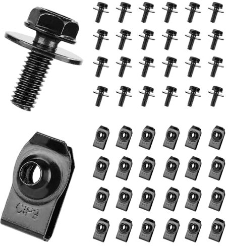 50pcs Automotive Body Bolt and U-Nut Clamp Kit, Metal Bumper Fender U Retainer Auto Screw Clip Car Hood Engine Splash Cover Body Bolt and Nut Fastening Part Accessories for Most Vehicles