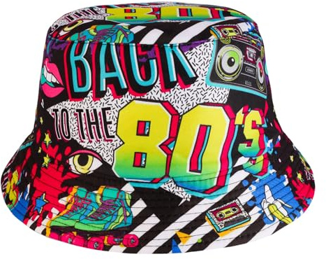 MILAKOO 80er Jahre Eimer Hut für Männer Frauen Lustig Retro Party Hut Vintage Print Fischer Hut Unisex Reversible Portable Hut für Disco Hip Hop Outdoor