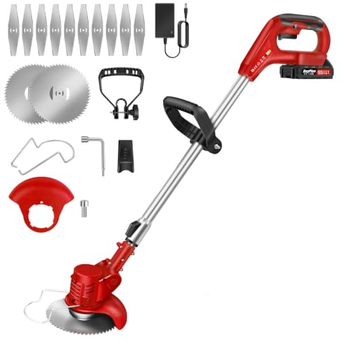 Coupe-Herbe sans Fil avec Batterie et Lames en métal Coupe-Herbe électrique Puissant Coupe-Herbe de Jardin Coupe-Bordures Coupe-Mauvaises Herbes Coupe-Gazon Set de Coupe-Gazon 1 Batterie Rouge