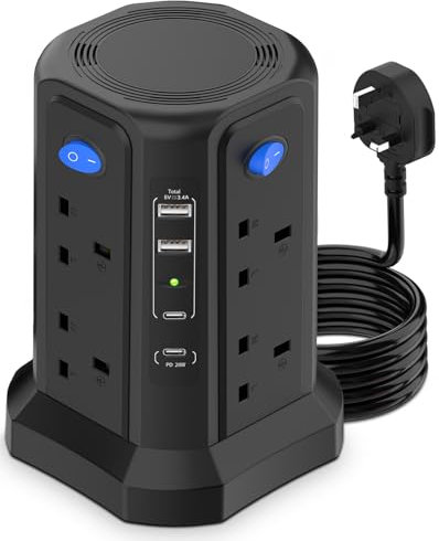 Tower Extension Lead, PD20W Fast Charger with USB Slots 3M, [13A 3250W] 2 USB-A and 2 USB-C, 8 Way Outlets, Surge Protection, 4 Independent Switches, Suitable for Bedrooms, Kitchens, Offices