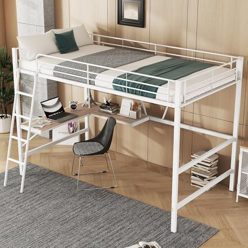 Wiuzo Hochbett, 90x200cm Bettgestell Metallbett, Eisenbett, Hochbett mit L-förmigem Schreibtisch und einem Regal für Kinder, Jugendliche und Erwachsene, Ohne Matratze, Weiß