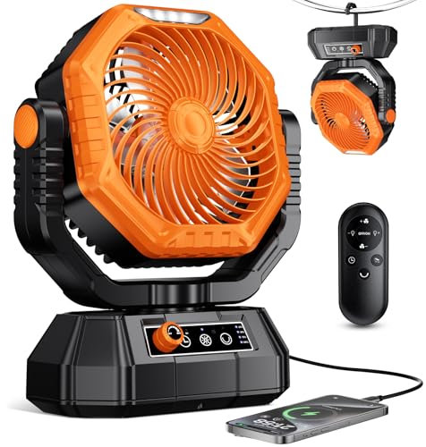 VTHW Camping Fan, 20000mAh Rechargeable Battery Fan with Remote, Stepless Speed, 270° Rotation, Timer Mode, Hook, LED Light, Personal Desk USB Fans for Outdoor Tent Camping (Orange)