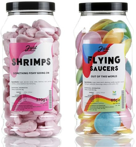 Just Treats Flying Saucers and Candy Shrimps - Sweet Gift Jars of Sweet Take-Off Combo - 13,4