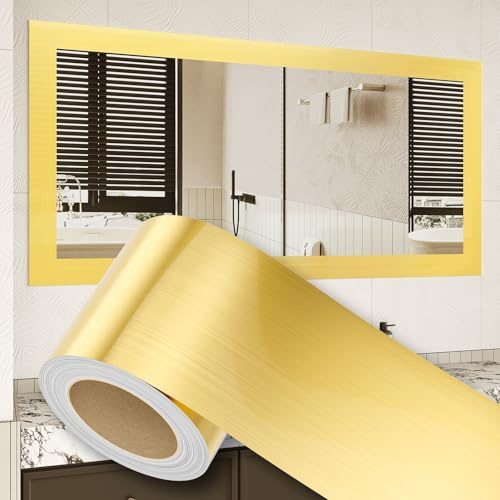 ZRJT Peel and Stick Wallpaper Borders 390” x 4” Self Adhesive Mirror Frame Border Brushed DIY for Kitchen Bathroom Mirror Removal Border Sticker Wall Decor Cover 10.8 Sq.Ft, Brushed Golden