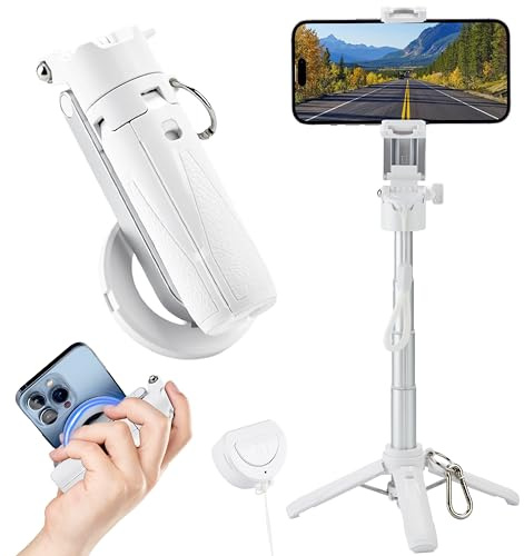MQOUNY for Magsafe Tripod Stand for iPhone,Portable Pocket Size Selfie Stick with Rechargeable Remote and Metal Ring,Extendable Detachable Cell Phone Tripod Compatible with iPhone/Android (White)
