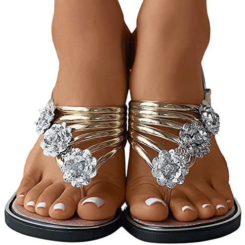 Flip Flops Damen Elegant Zehentrenner mit Glitzer Strass Sommer Schlappen Lässige Flache Sandals Schuhe Slippers Boho Sandaletten Hausschuhe Flip-Flops Leicht Bequem Sommerschuhe Freizeitschuhe