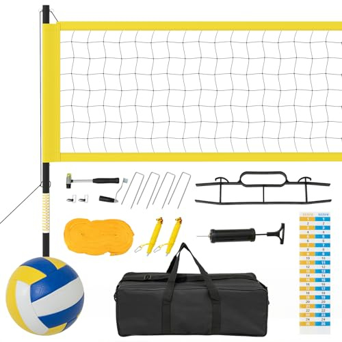 COSTWAY Portable Outdoor Volleyball Net Set, Heavy-Duty Volleyball Net System with Height Adjustable Poles, Scoreboards, Pump, Hammer, Boundary Line and Carry Bag for Backyard Beach Grass