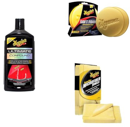 Meguiar's G17216EU Ultimate Compound Farb- & Klarheits-Politur 450 ml zur Anwendung per Hand oder Poliermaschine – Inklusive 4 weiche Schaumstoff-Auftragspads & Supreme Shine Mikrofasertücher