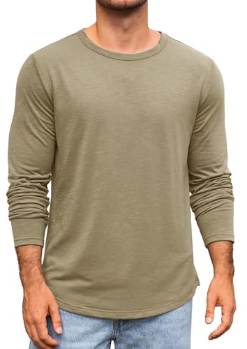 Runcati T-shirt à manches longues pour homme - Col rond - Manches longues - Couleur unie - Coupe droite - Haut de sport - Loisirs - Décontracté - Basique, kaki, XXL