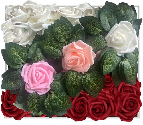 Petalscentusia Artificial Roses 25 pcs Fake Roses with Stems and 18 Leaves Foam Latex for Wedding Bouquets, Valentine's Day, Home Décor, and Party Decorations (Series A Red Roses)