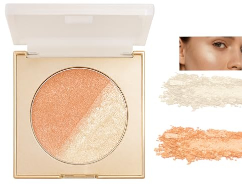 2-Tone Shimmer Highlighter Blush Palette – Platinum White & Sunset Orange Gold Glow – Hypoallergenic Waterproof Long-Wear Highlight Makeup Powder for Natural Contour and Radiant Cheeks & Eyes