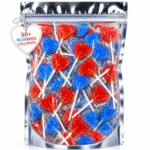 Heart Shaped Lollipops 50+ Pack – Cherry & Blue Raspberry Sweet Lollies | Individually Wrapped Heart Lollies for Wedding Favours, Valentines Day, Baby Shower, Hen Party Bag Fillers