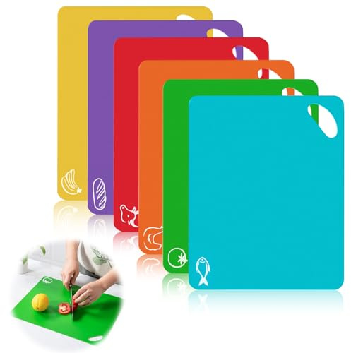 Plastic Chopping Board Set, 6 Pcs Flexible Kitchen Plastic Cutting Board Mats, Non Slip Antimicrobial Easy Hanging Boards with Food Icons Kitchen Gift with Colour Coded Dishwasher Safety