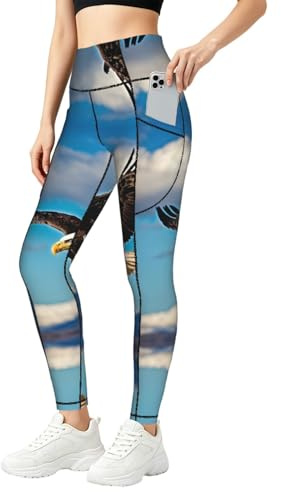 Flygande örn tryck leggings för kvinnor, träningsset med fickor, för gym, fitness och vardagskläder, Svart, 3XL