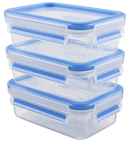 Emsa Clip & Close 017032508570 Contenitore Salvafreschezza, Set 3 Pezzi, Plastica, Trasparente/Blu, 0.55 l