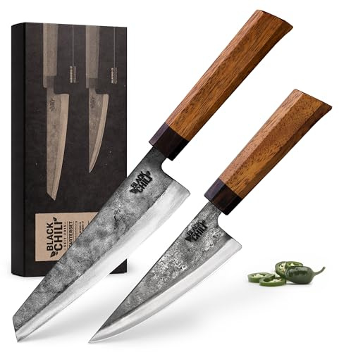 Black Chili Küchenmesser Set (2-teilig) | Santoku Messer & Gemüsemesser mit Eisenholz Griff | 13 & 17 cm Carbonstahl Klinge | Kochmesser für Fleisch und Gemüse | HABANERO-17 & JALAPENO-13