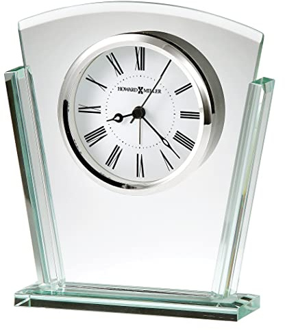 Howard Miller Granby Table Clock 645-781 – Jade Glass, Curved Top & Tapered Sides, Beveled Base, Black & Silver Accents, Modern Home Decor, Quartz Alarm Movement