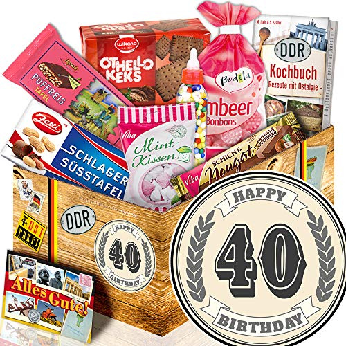 Ostalgie 40. Geburtstag Geschenkset - DDR Süßigkeiten & Kochbuch | Kulinarische Zeitreise mit 7 Ostprodukten wie Schlager Süßtafel und Viba Nougat in edler Geschenkbox zum 40ten
