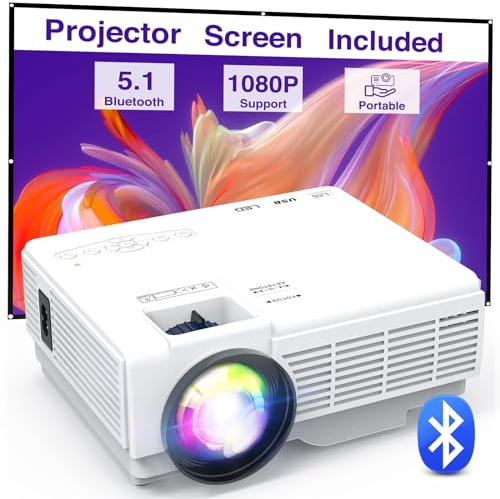 Manyaming Mini Projector Portable with Screen, YOOYAA Bluetooth Projector Full HD 1080P 10000L, Outdoor Home Cinema Video Projector, 50% Zoom, Compatible with Smartphone/Laptop/TV Stick