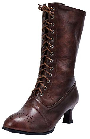 SoonerQuicker Ladies Lace Up Boots Calf Length Victorian Boots Women Leather Louis Heel Womens Vintage Boots Steampunk Gothic (3.5 UK, Brown)