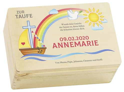LAUBLUST Holzkiste zur Taufe - Nach der Sintflut Farbmotiv - Personalisiertes Taufgeschenk - 30x20x14 cm, Natur, FSC®