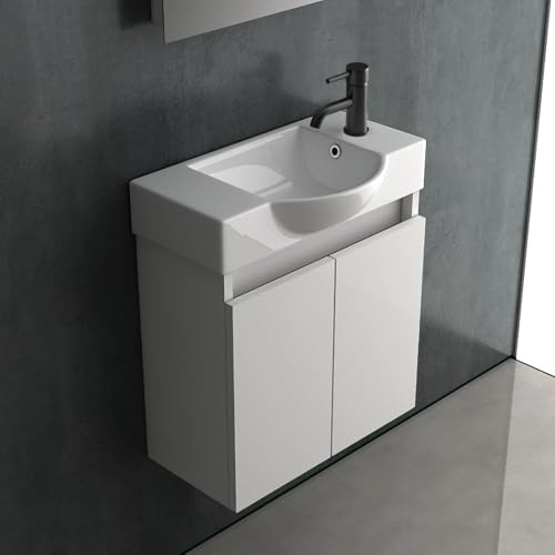 Alpenberger Waschbecken mit Unterschrank | Waschtisch Weiß | Waschbeckenunterschrank 55 cm Breit | Aufsatzwaschbecken Waschbeckenunterschrank | Kleines Gäste WC Möbel Waschtischunterschrank