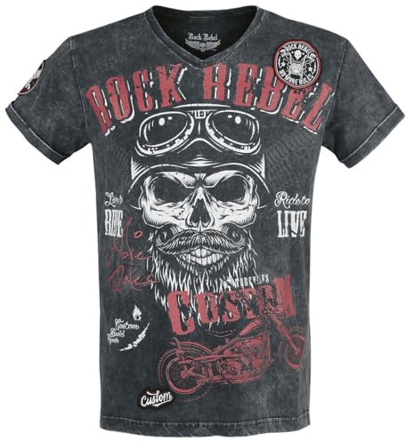 Rock Rebel by EMP Hombre Camiseta Negra con Cuello de Pico y Estampado S