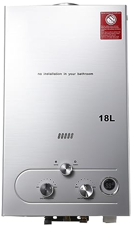 SUDEG Chauffe-eau à Gaz 18LPM,Chauffe-eau Instantané 36KW,Chauffe Eau LPG,Pression d'eau de Démarrage Super Basse, Affichage Numérique Instantané avec kit de Pomme de Douche Plaqué, Argent