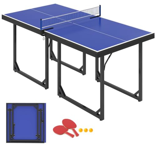 HOMCOM Tavolo da Ping Pong Pieghevole per Interni, Tavolo Ping Pong con Rete, Montaggio Non Richiesto, 182x91 cm, Blu e Viola