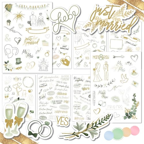 WEDDLYN® – Sticker für die Hochzeit – 180 Aufkleber für Hochzeits Gästebuch – inspirierende Motive – perfekte Boho Aufkleber für Hochzeitsbuch - Pastell Farbe mit Glitzer (grün)