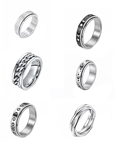 Mesnt Ring Herren Edelstahl, 6-Teiliger Verschlungener Panzerketten-Blumen-Mond-Stern-Angst-Ring Silber Größe 54 (17.2)