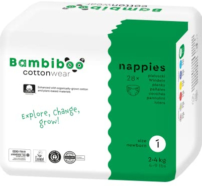 Bambiboo - COTTONWEAR Baby Windeln - Einwegwindeln - Größe 1 Newborn (2-4kg) mit Nabelausschnitt - mit Bio-Baumwolle, Pflanzstoffen, Nässeindikator, 3D-Rüschen - Parfümfrei, Chlorfrei - 28 Stk