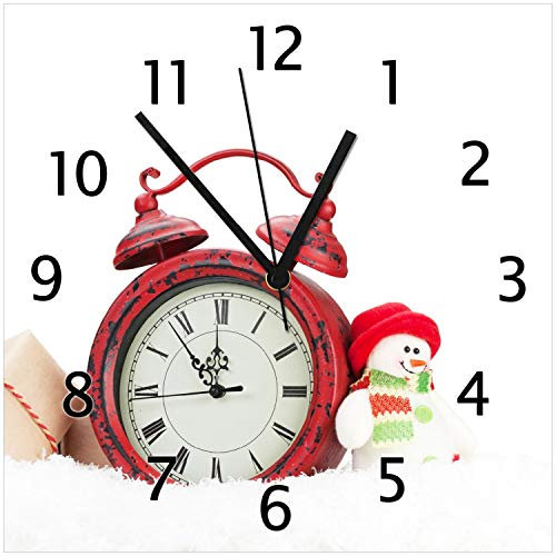 Wallario Design-Wanduhr Wecker mit Schneemann und Geschenken aus Glas, Motiv-Uhr Größe 30 x 30 cm, Schwarze Zeiger