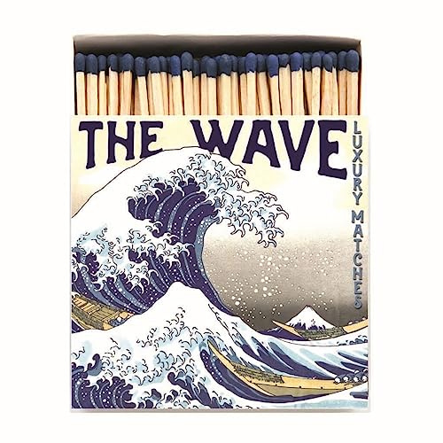 Hokusai The Wave Long Matches, Luxury Giant Square Art Matchbox, Blue Tipped Coloured Large Matchsticks, Candles Fireside Housewarming Gift