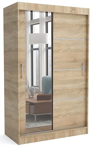 Brent - Kleiderschrank mit Spiegel 100cm Breit Windsor Tomy I Schlafzimmerschrank mit 2 Kleiderstange und Einlegeböden für Kleidung I Kleiderschrank Sonoma Eiche