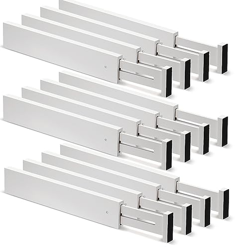 Wesiti Schubladen-Trennwände aus Bambus, erweiterbar, verstellbare Schubladenteiler, Kommoden-Organizer für Küche, Schlafzimmer (33 - 43 cm), Weiß, 12 Stück