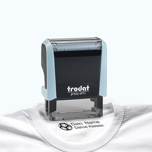 Trodat Printy Personalisierter Textilstempel für Kinder - mit Motiven zur Auswahl und maximal 2 Zeilen Text, Selbstfärbend, Abdruck Schwarz, Gehäusefarbe Pastellblau