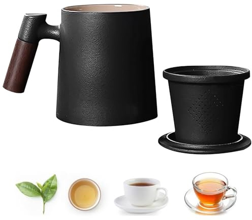 Qivine Tasse à Thé en Céramique 400 ml avec Infuseur et Couvercle, Mug à Thé avec Poignée en Bois, Tasse à Infusion Multifonctionnelle pour Thé en Vrac, Tisanes et Boissons Chaudes, Noir
